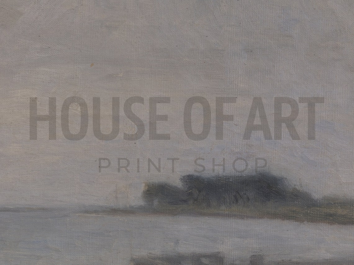 Minimal Gray Seascape Distant Shore Soft Cloudy Tonal Oil Poster - Image 2