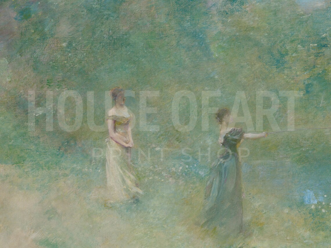 Two Women By Misty Lake Impressionist Oil Painting Dreamy Art Print - Image 2