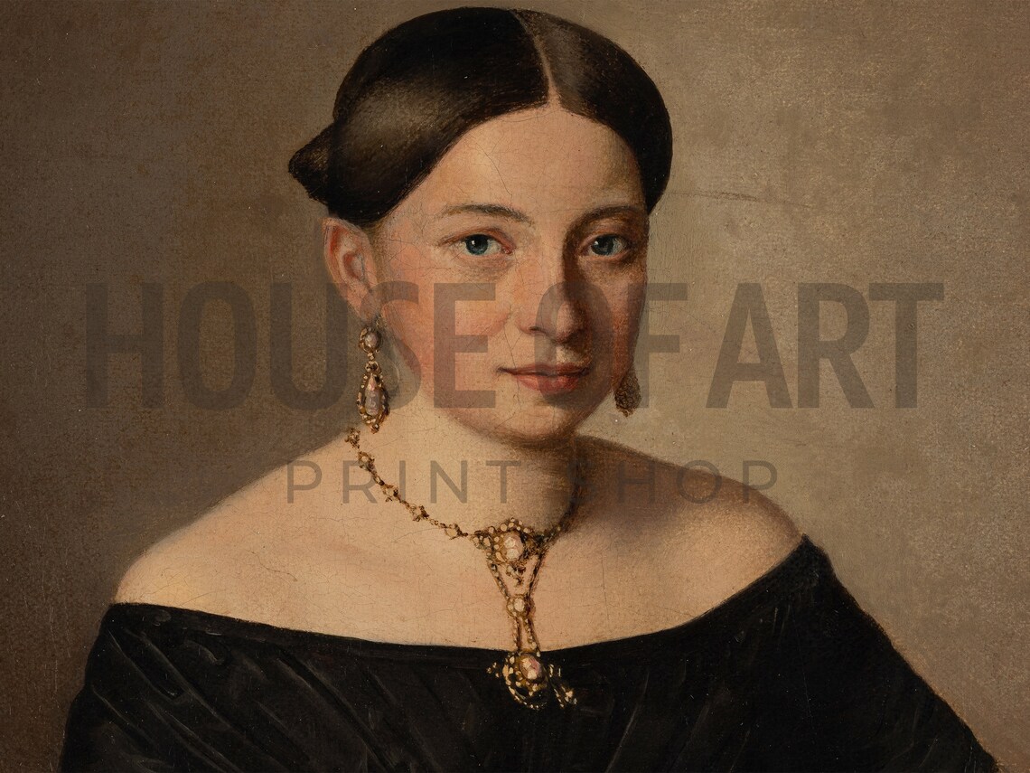 Vintage Portrait Of Elegant Woman Gold Jewelry Classic Oil Painting Print - Image 2