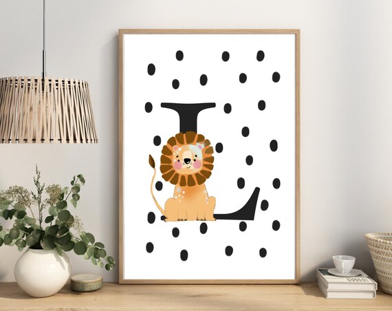 Monochrome Spotty Letter L Lion Nursery Poster in Black and White