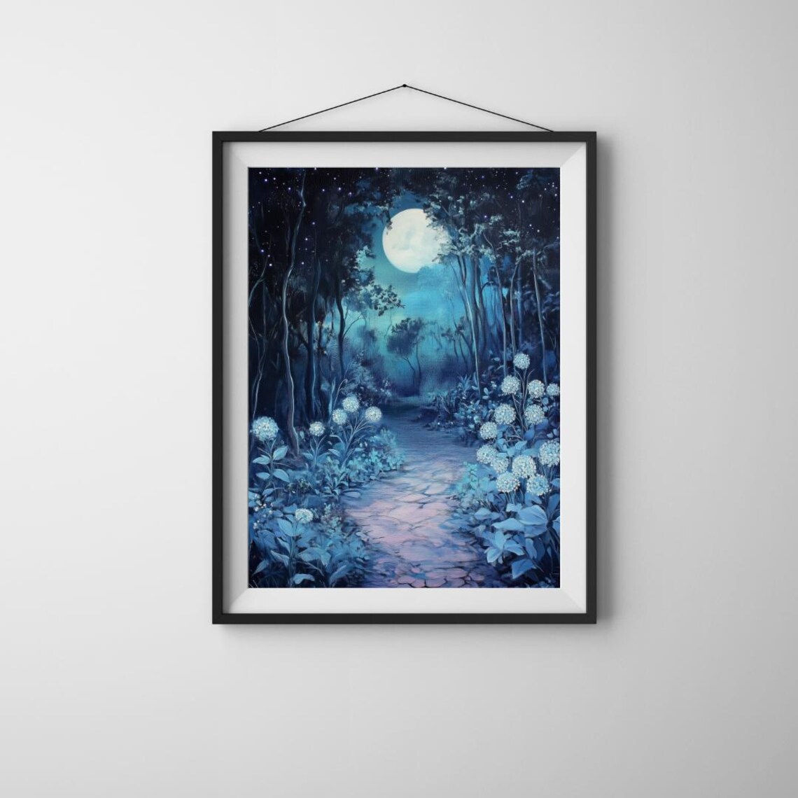 Moonlit Enchanted Garden Path, Mystical Night Forest Art Print
