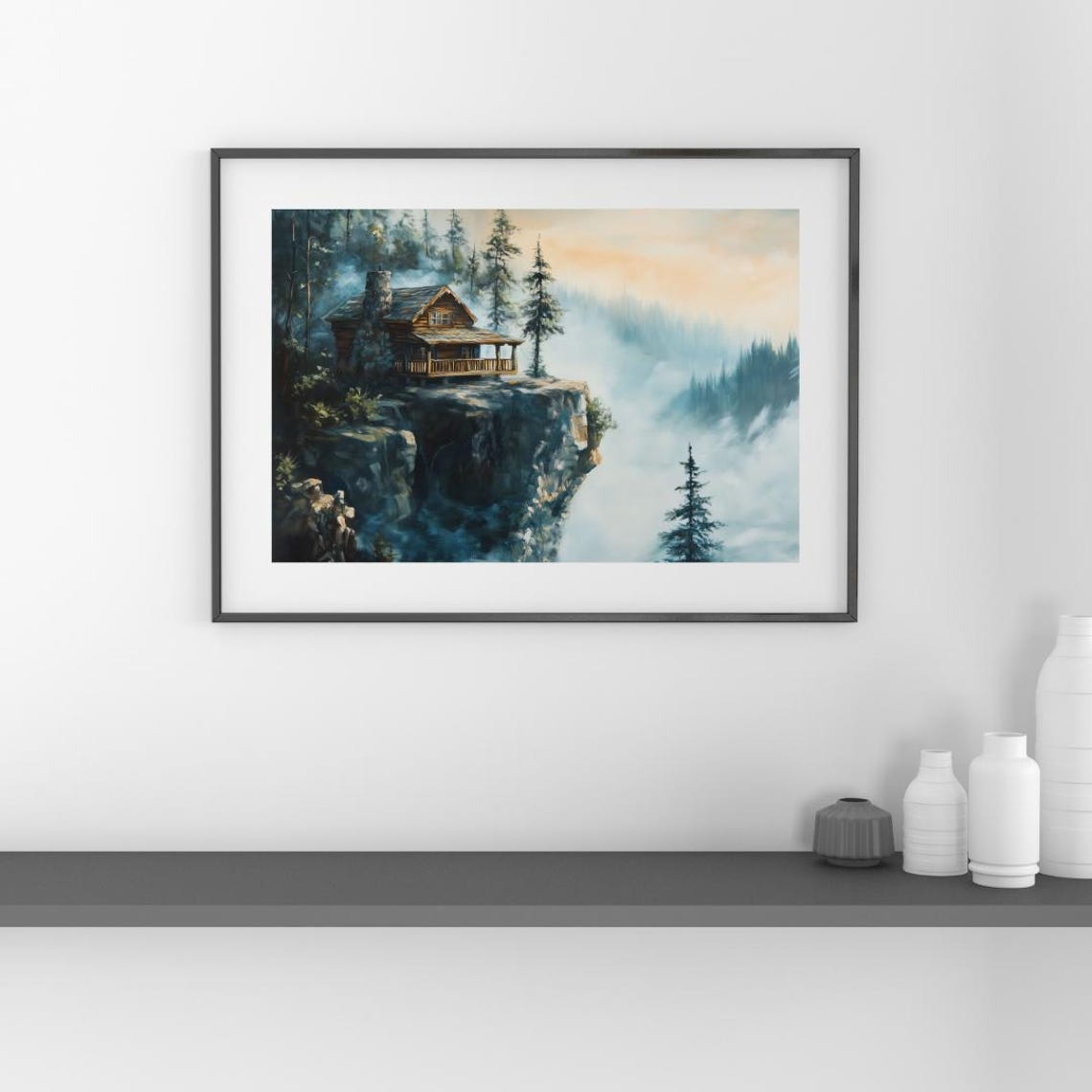 Edge Of Solitude Rustic Mountain Cabin Oil Painting Misty Forest Landscape Wall Art - Image 2