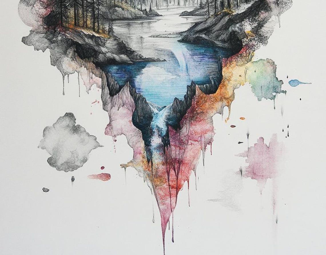 Surreal Mountain Landscape Print Torn Paper Watercolor Ink Art Mystical Nature Wall Decor - Image 3