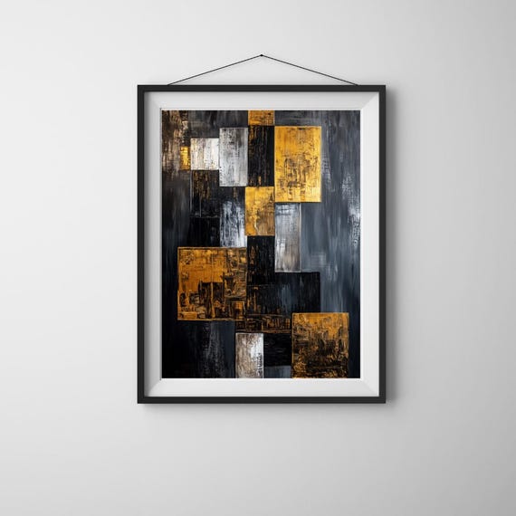 Golden Grid Geometric Abstract Wall Art