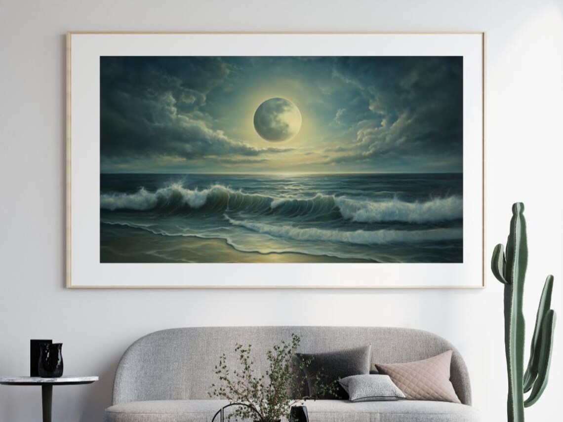Lunar Tide Surreal Ocean Moonrise, Celestial Seascape - Image 4