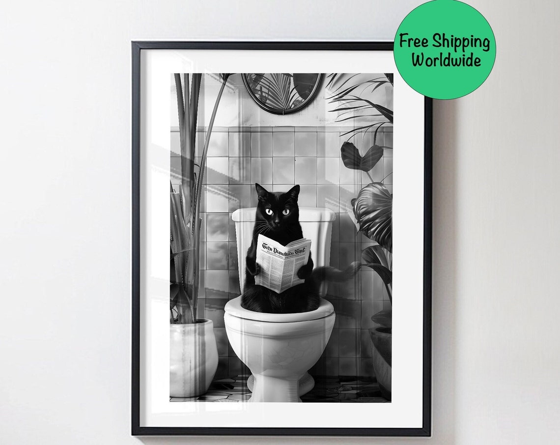 Black Cat Reading Newspaper Toilet Black White Bathroom Poster - Image 4