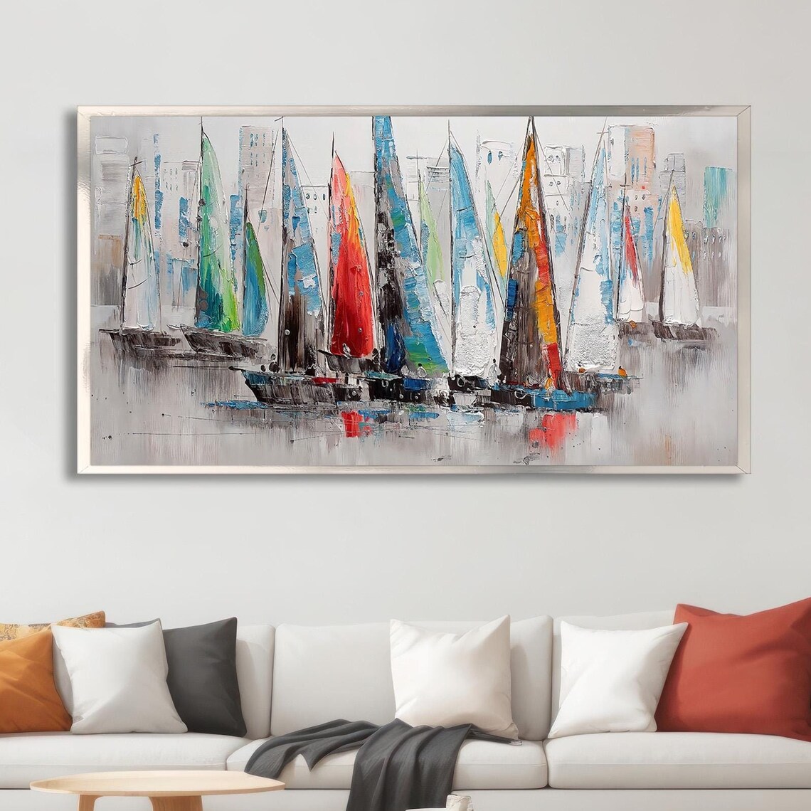 Colorful Abstract Sailboats Regatta Oil Painting Nautical Wall Art - Image 4
