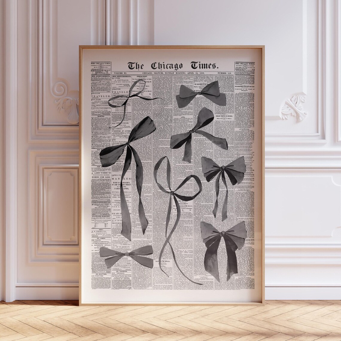 Chicago Times Newspaper Black Bow Collage Trendy Preppy Art Poster