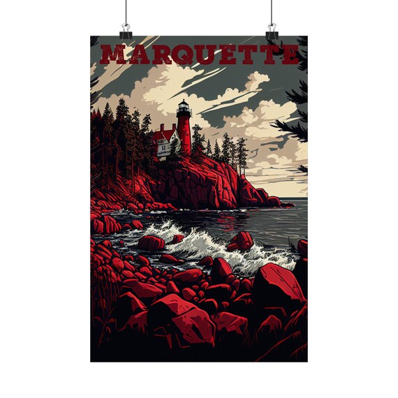 Marquette Michigan Lighthouse Vintage Retro Travel Wall Poster