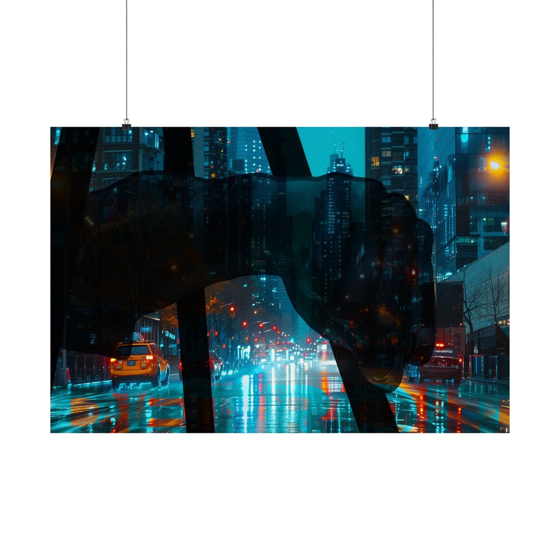 Detroit Joe Louis Fist Night City Street Double Exposure Poster Art