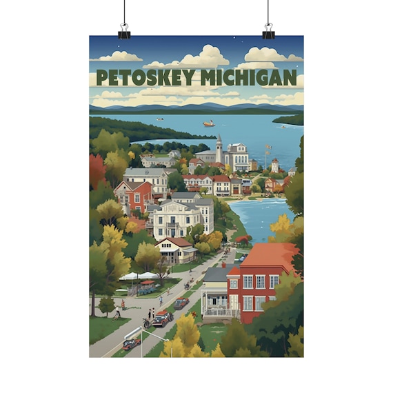 Petoskey Michigan Autumn Vintage Travel Lakeside Town Scene Print