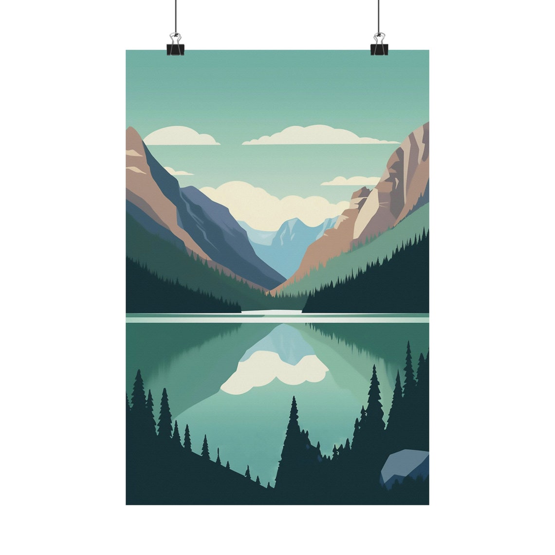 Mirror Lake Mountain Reflection Vintage Pine Forest Travel Poster