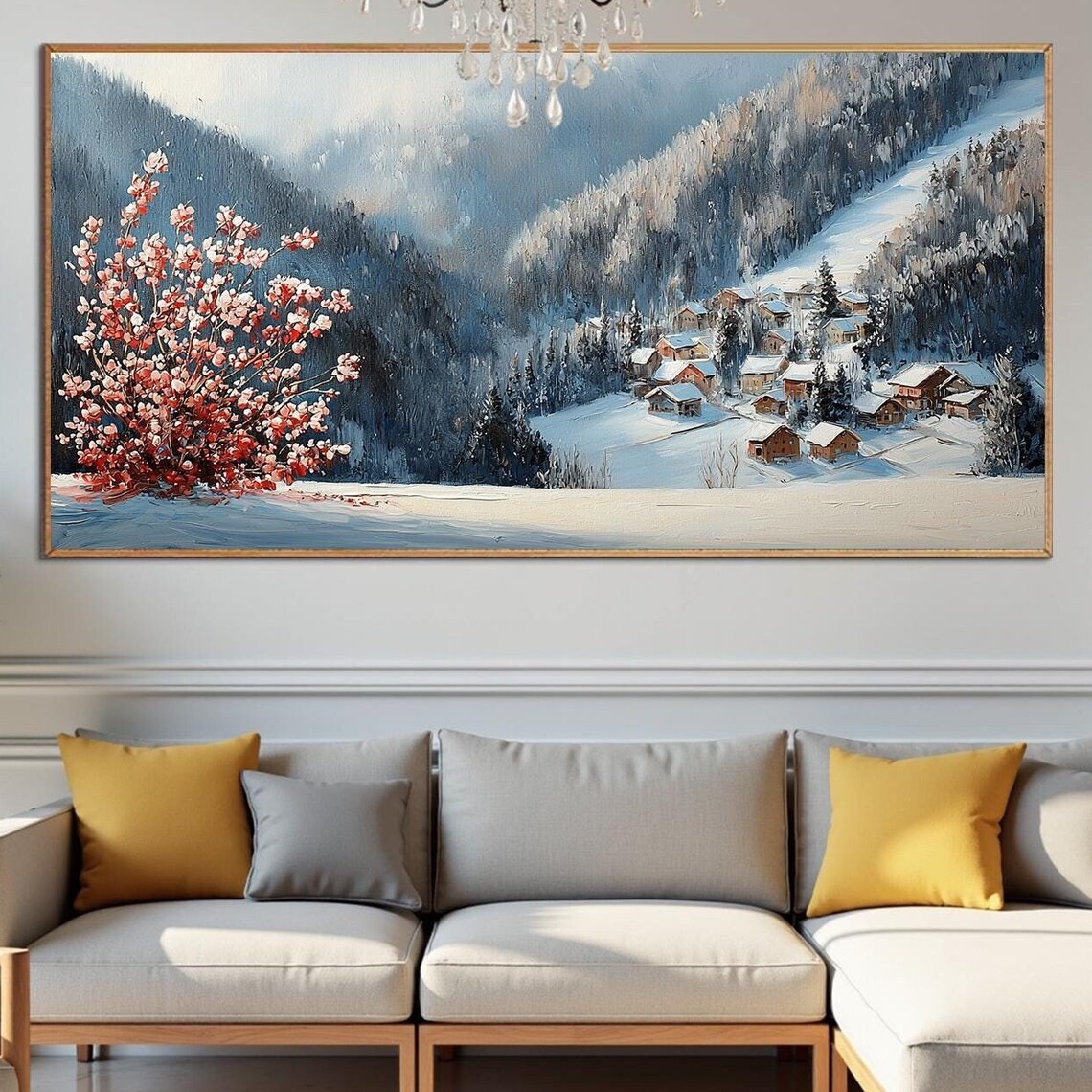 Snowy Village Pink Blossom Tree Winter Landscape Impasto Art Poster - Image 5