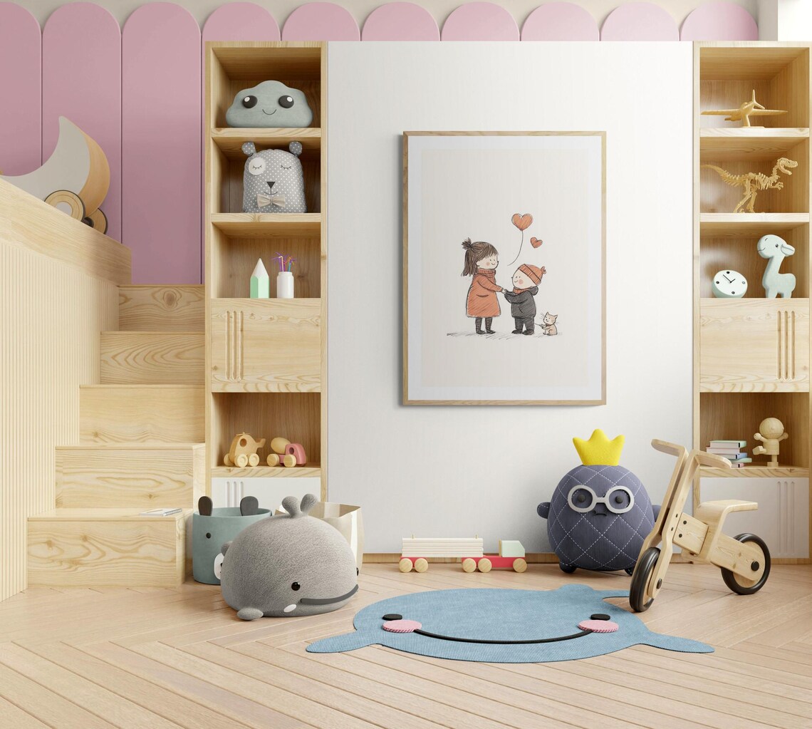 Sweet Siblings Holding Hands Heart Balloons Kitten Cute Nursery Art Print - Image 2