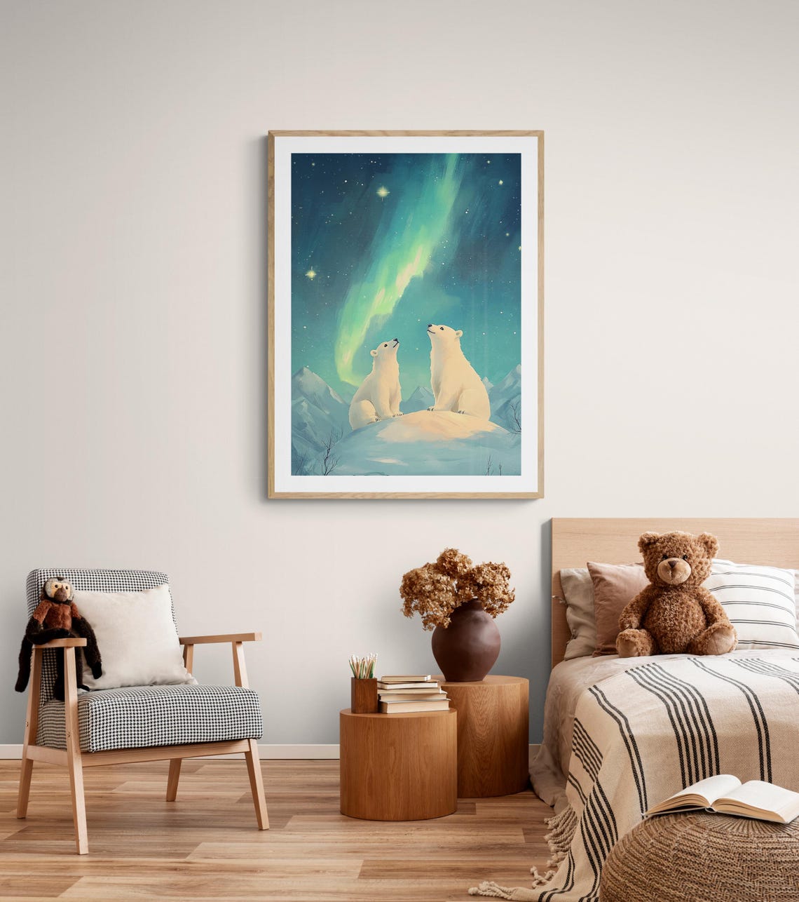 Polar Bears Watching Aurora Borealis Starry Arctic Kids Wall Art Print - Image 4