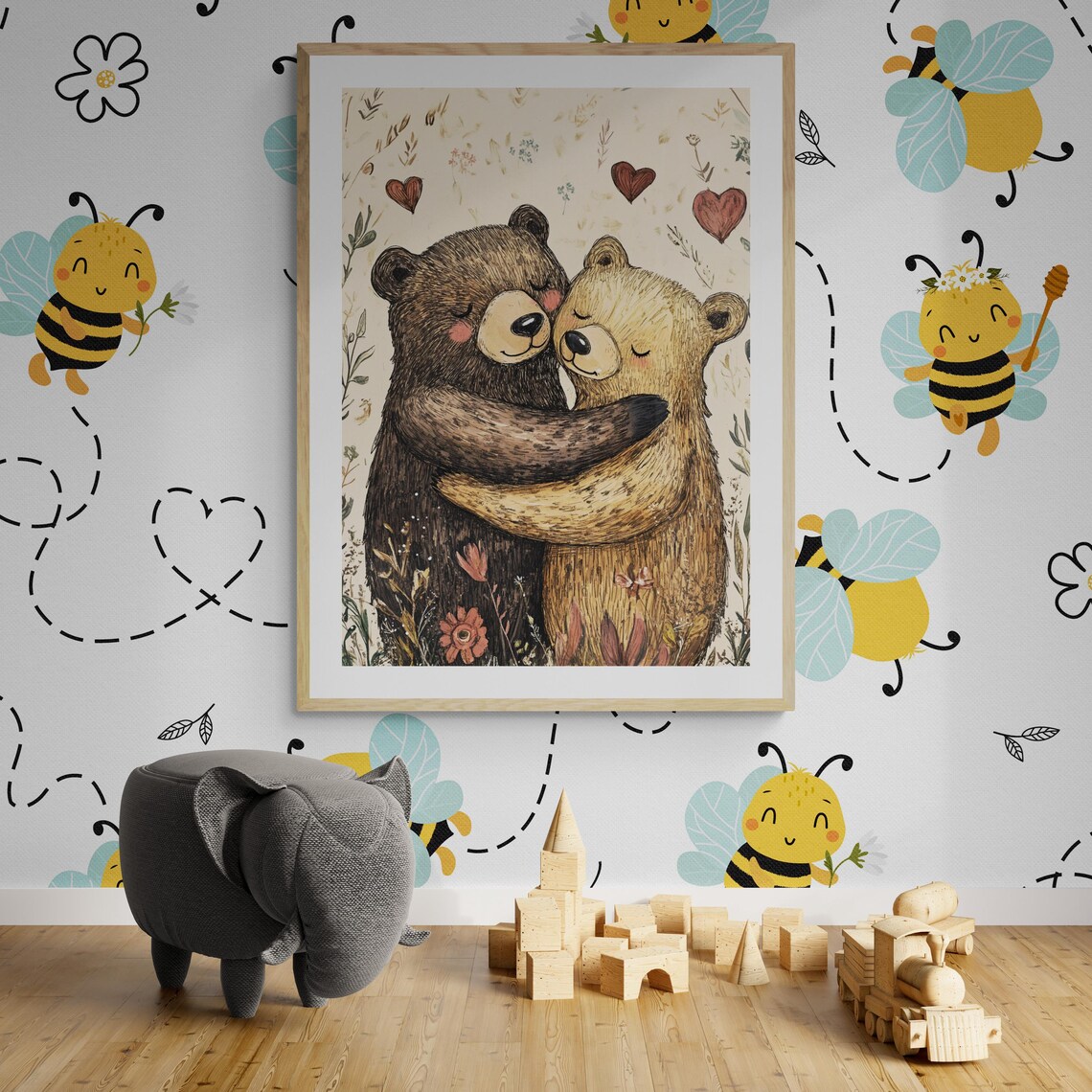 Two Bears Hugging Hearts Woodland Cute Nursery Animal Wall Decor Art Print