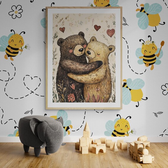 Two Bears Hugging Hearts Woodland Cute Nursery Animal Wall Decor Art Print