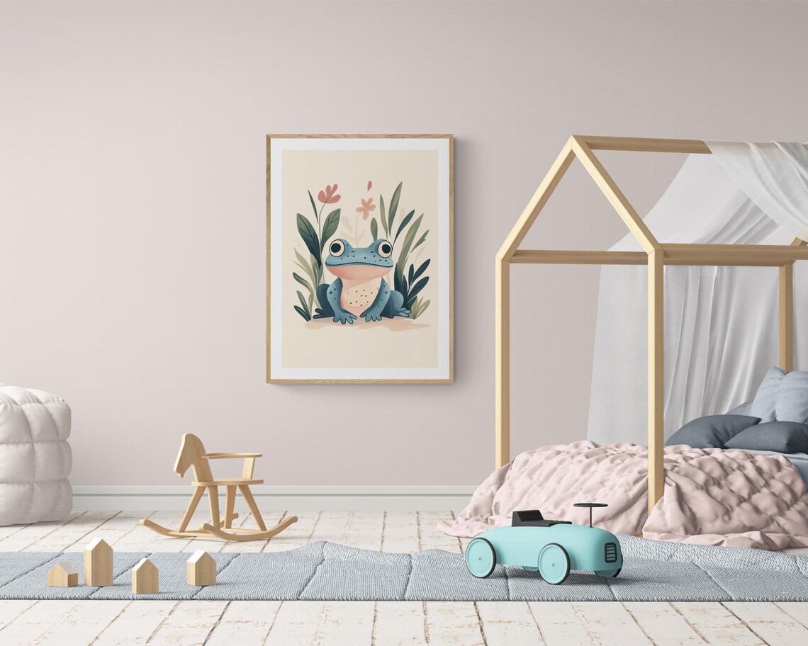 Cute Blue Frog Sitting Among Leaves Storybook Kids Room Wall Art Poster - Image 2