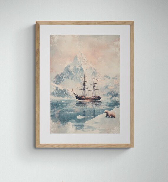 Vintage Arctic Expedition Ship Icy Waters Polar Bear Adventure Poster