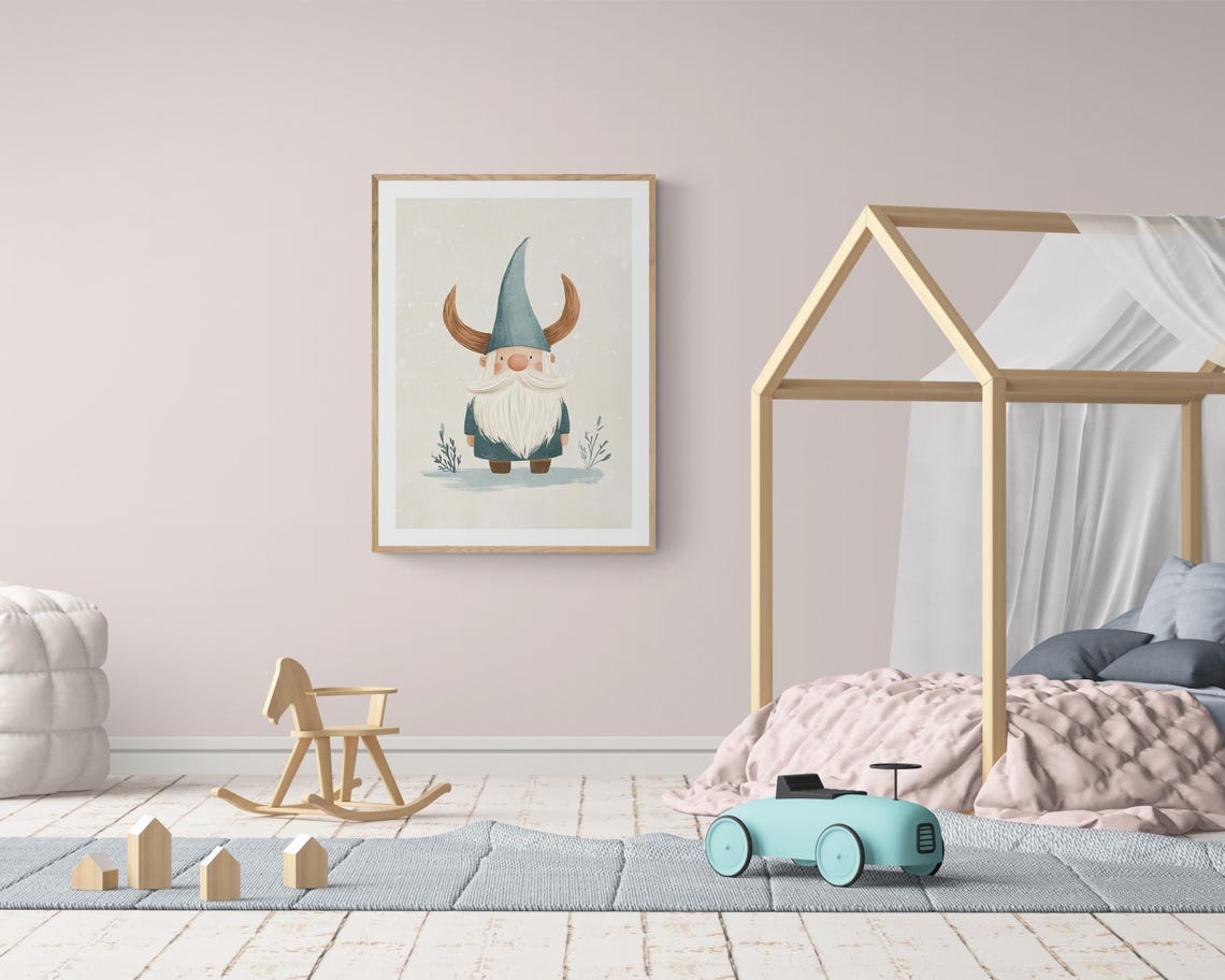 Cute Viking Gnome With Horned Hat Long Beard Nordic Kids Wall Art - Image 2