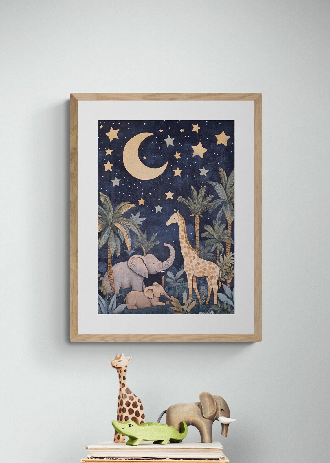 Starry Night Safari Elephants Giraffe Crescent Moon Nursery Wall Art Print