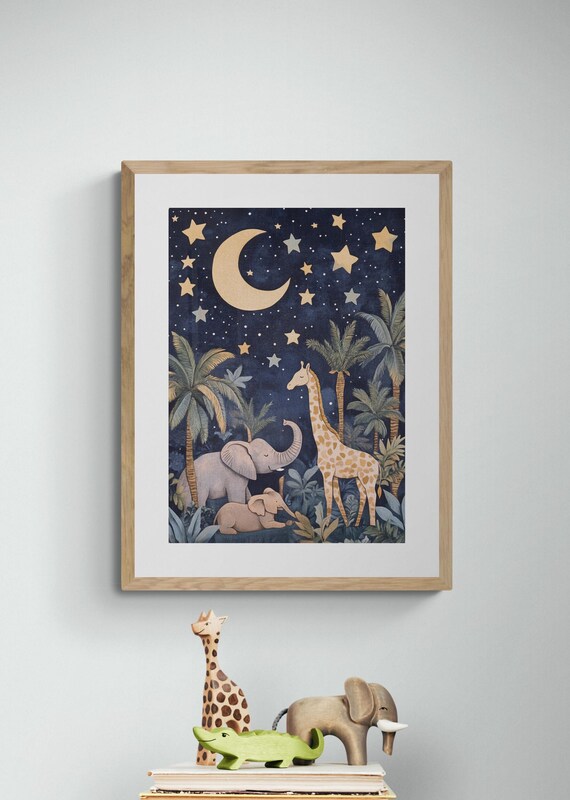 Starry Night Safari Elephants Giraffe Crescent Moon Nursery Wall Art Print