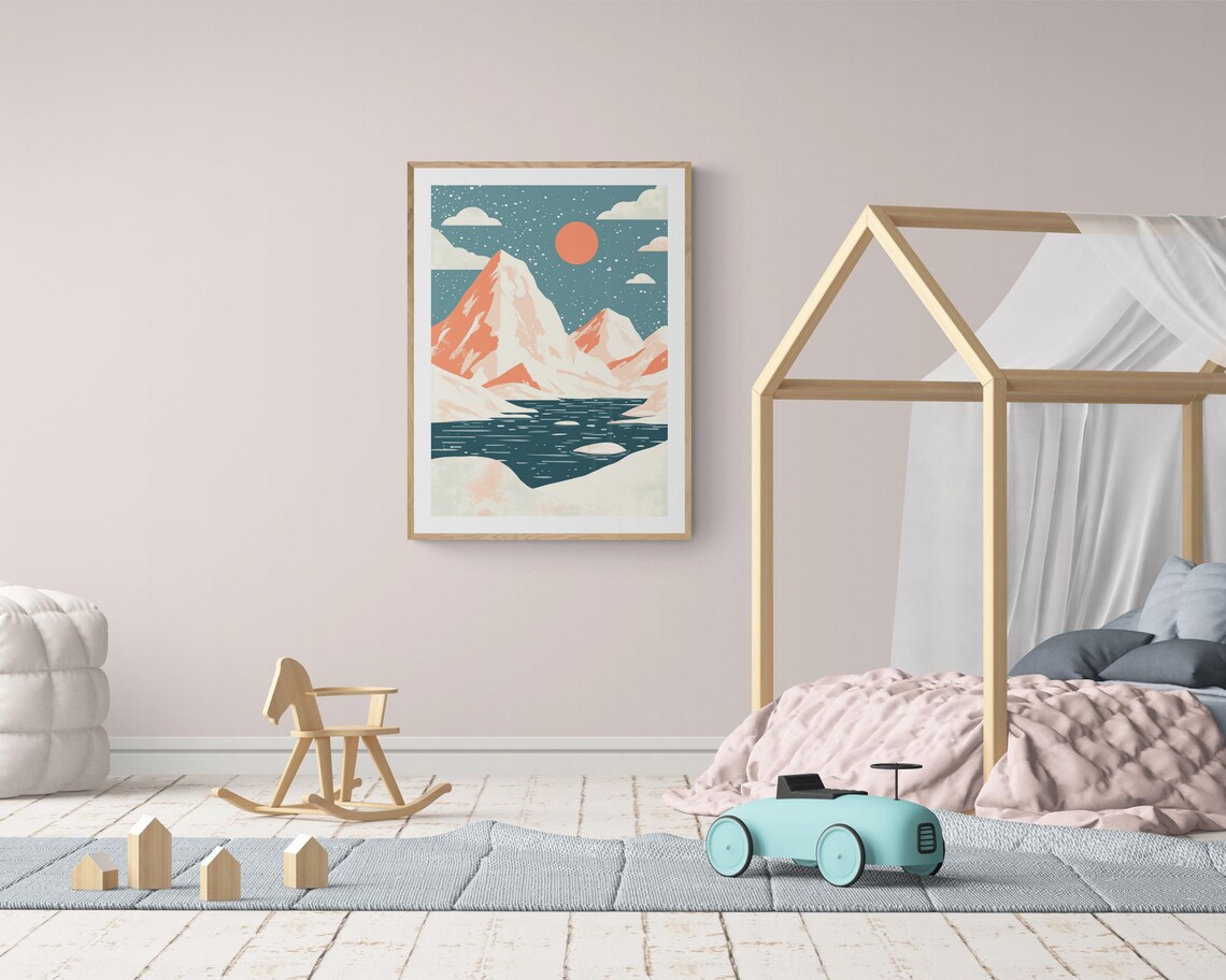 South Pole Adventure Snowy Mountains Icy Lake Sunset Kids Art Poster - Image 2