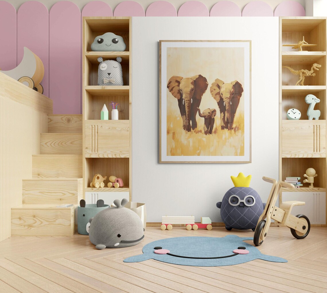 Elephant Family Stroll Golden Savanna Sunset Nursery Safari Wall Art Poster - Image 4