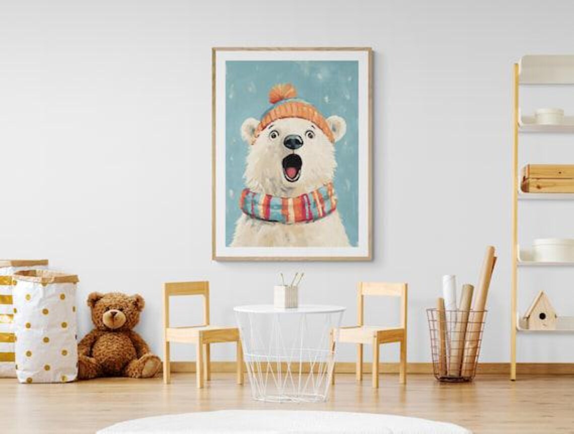 Cheerful Polar Bear Winter Hat Scarf Cute Arctic Kids Wall Art Poster - Image 2