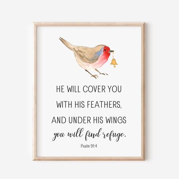 Psalm 91:4 Under His Wings Watercolor Bird Refuge Verse Poster