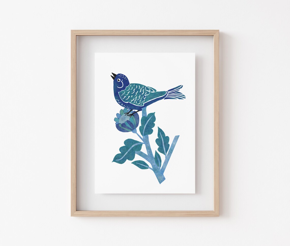 Blue White Folk Art Bird Poster Scandinavian Paper Cut Branch