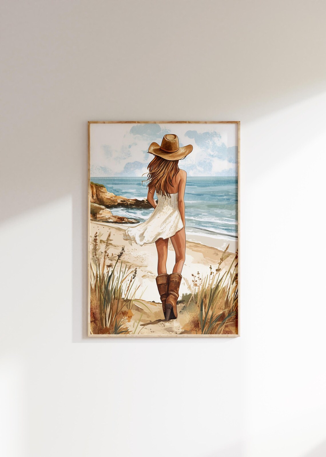 Cowgirl Walking on the Beach Watercolor Coastal Girl Art Poster - Image 4