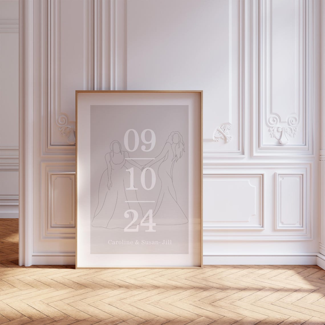 Personalized Lesbian Wedding Date Line Art Two Brides Love Poster