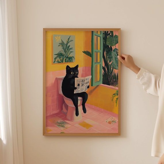 Funny Toilet Cat Poster, Trendy Funky Decor Print