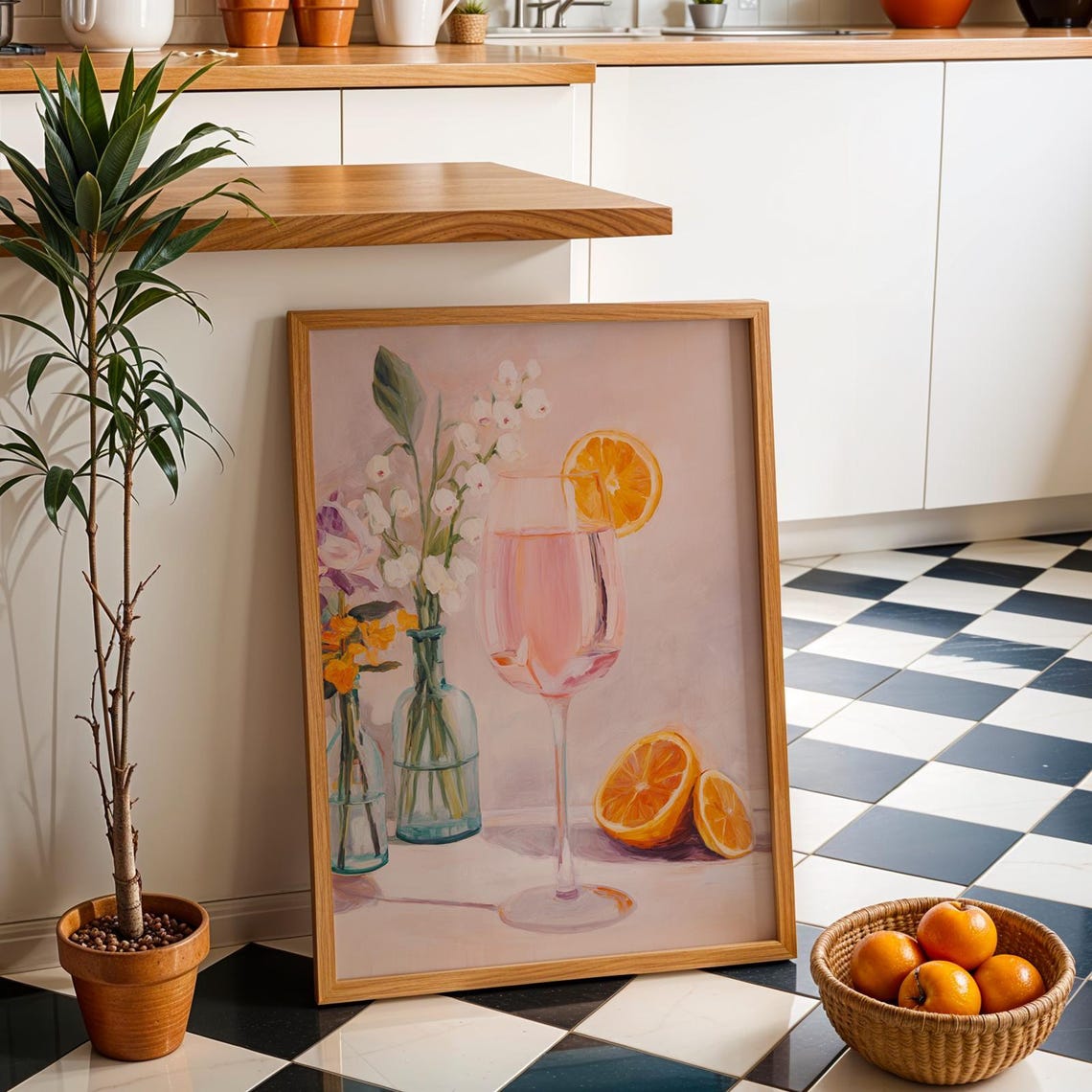Pink Citrus Cocktail Still Life With Flowers Pastel Bar Poster