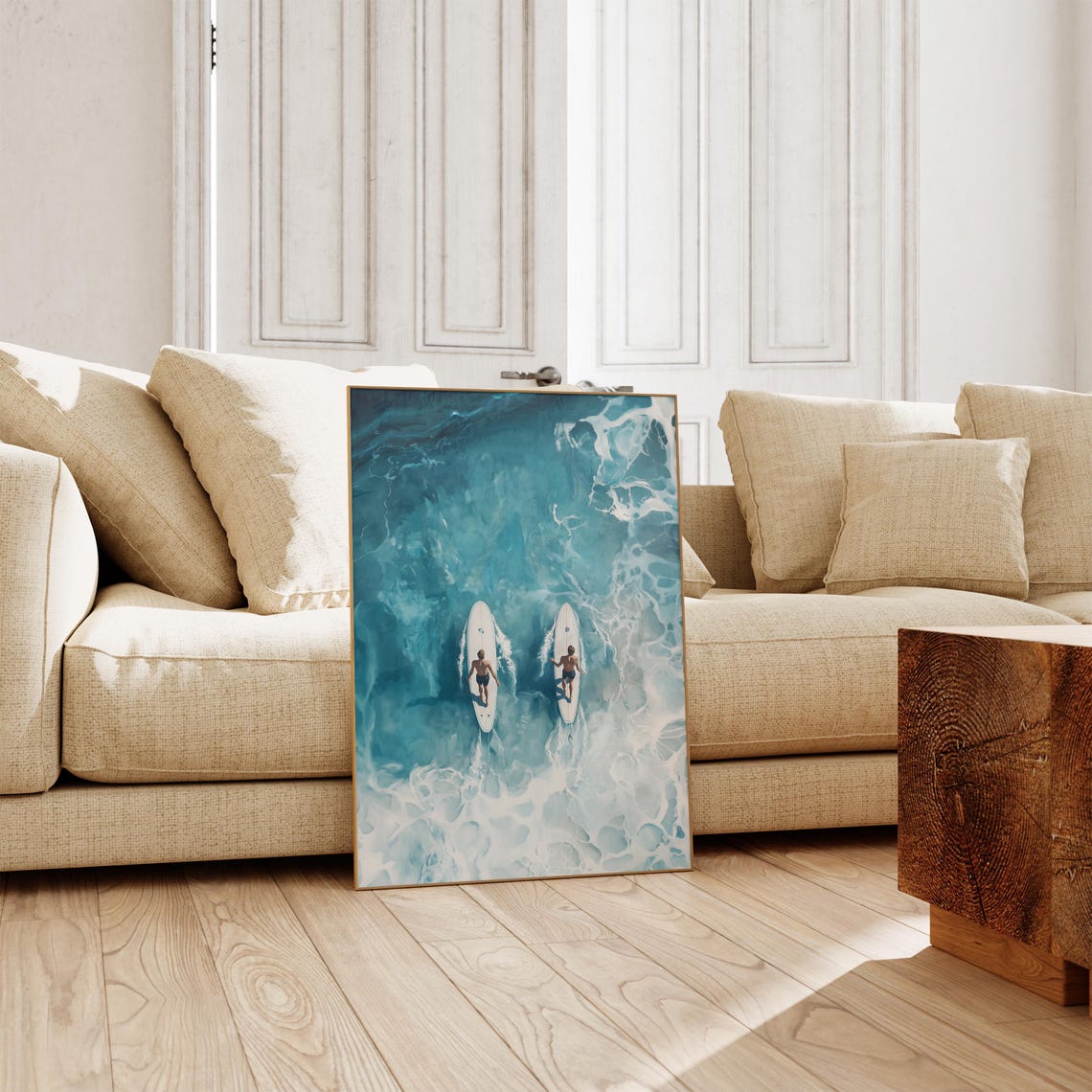 Aerial Surfers Turquoise Ocean Two Surfboards Minimal Sea Poster - Image 3