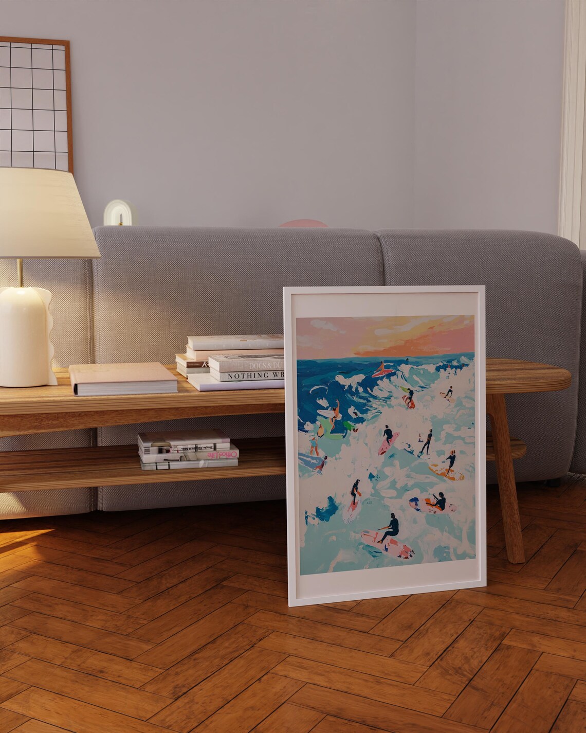 Surfers at Sunset Aerial Blue Orange Waves Watercolor Poster - Image 5