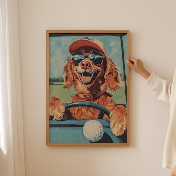 Dachshund in Sunglasses Driving Golf Cart Textless Retro Poster