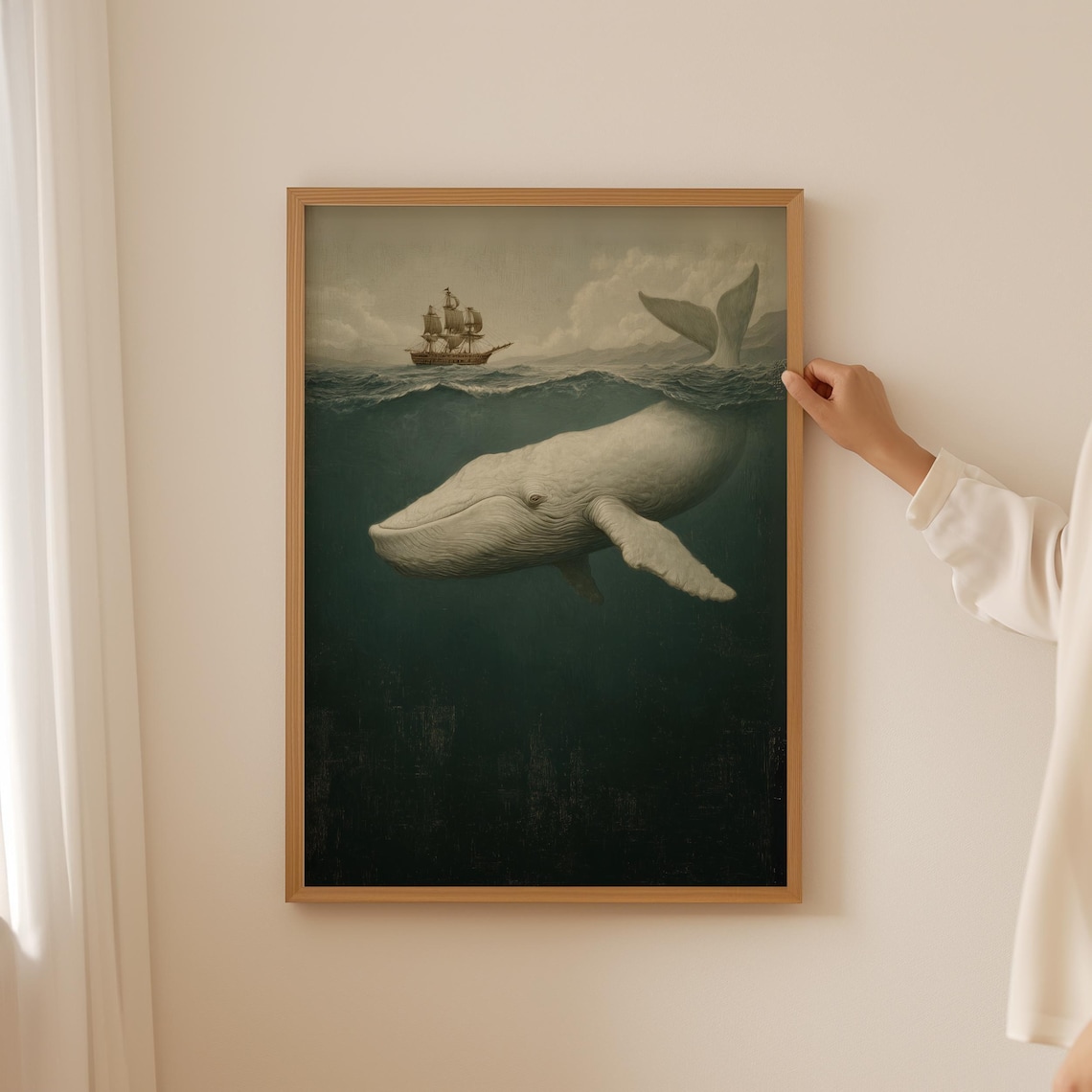 Moody White Whale Surfacing Under a Tall Ship Dark Ocean Vintage Poster