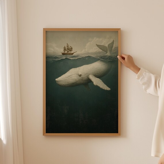 Moody White Whale Surfacing Under a Tall Ship Dark Ocean Vintage Poster