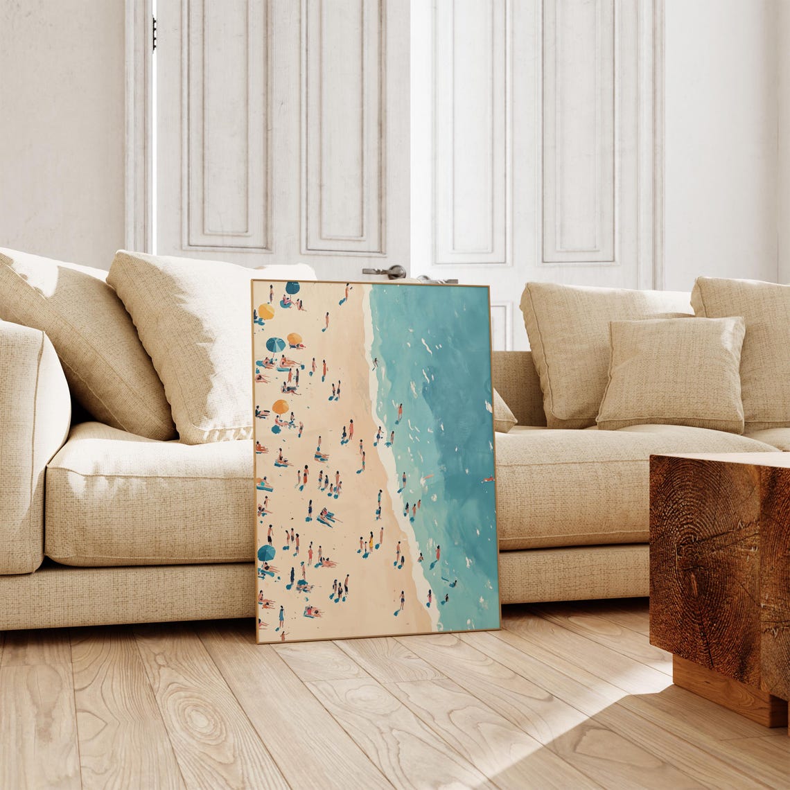 Aerial Beach Crowd Colorful Umbrellas Abstract Ocean Art Poster - Image 3