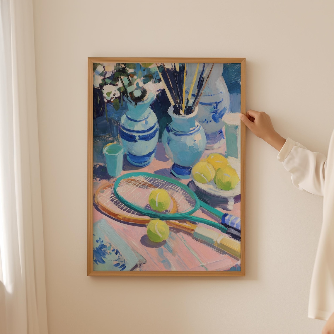 Tennis Still Life Painting Rackets Balls and Blue Vases Poster