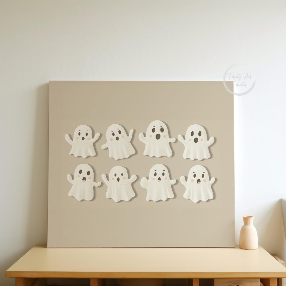 Pastel Halloween Eight Cute Ghosts Beige Minimal Sweet Wall Art - Image 5