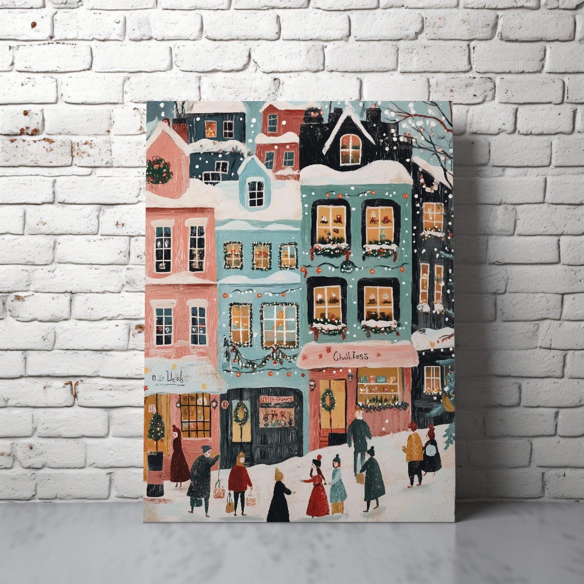 Cute Christmas Town Pastel Shops Snowy Street Holiday Poster - Image 5