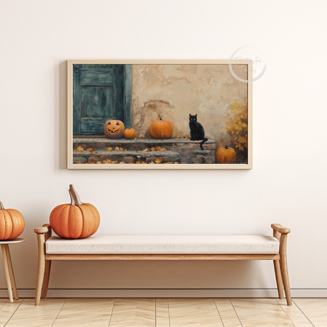 Black Cat Porch Steps Pumpkins Jack O Lantern Fall Halloween Wall Art - Image 6