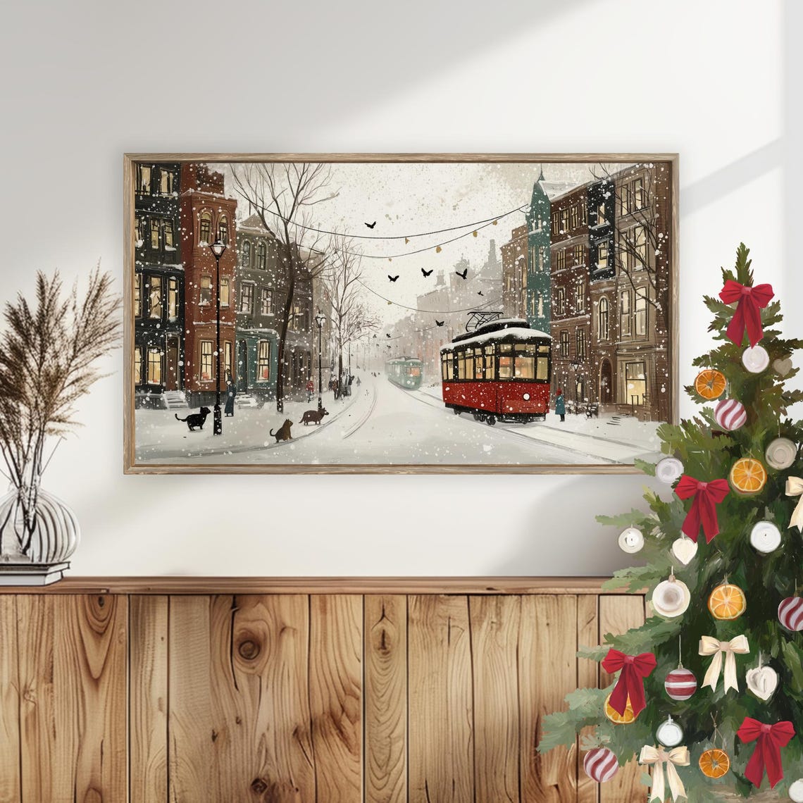 Winter City Street With Red Tram Snowfall Cats Night Scene Poster - Image 6