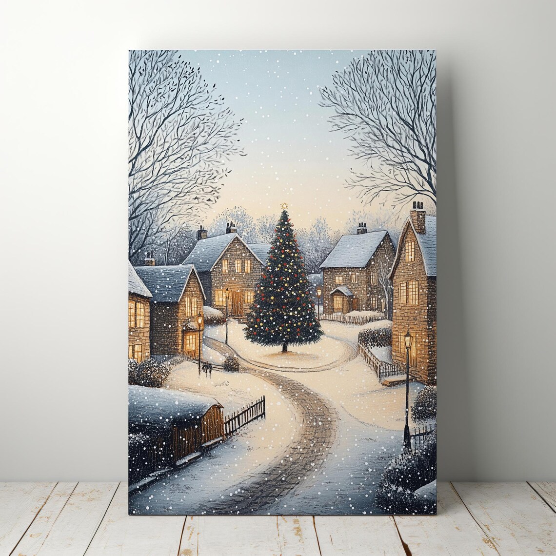 Cozy Christmas Town Street Tall Tree Snowy Village Scene Poster - Image 4