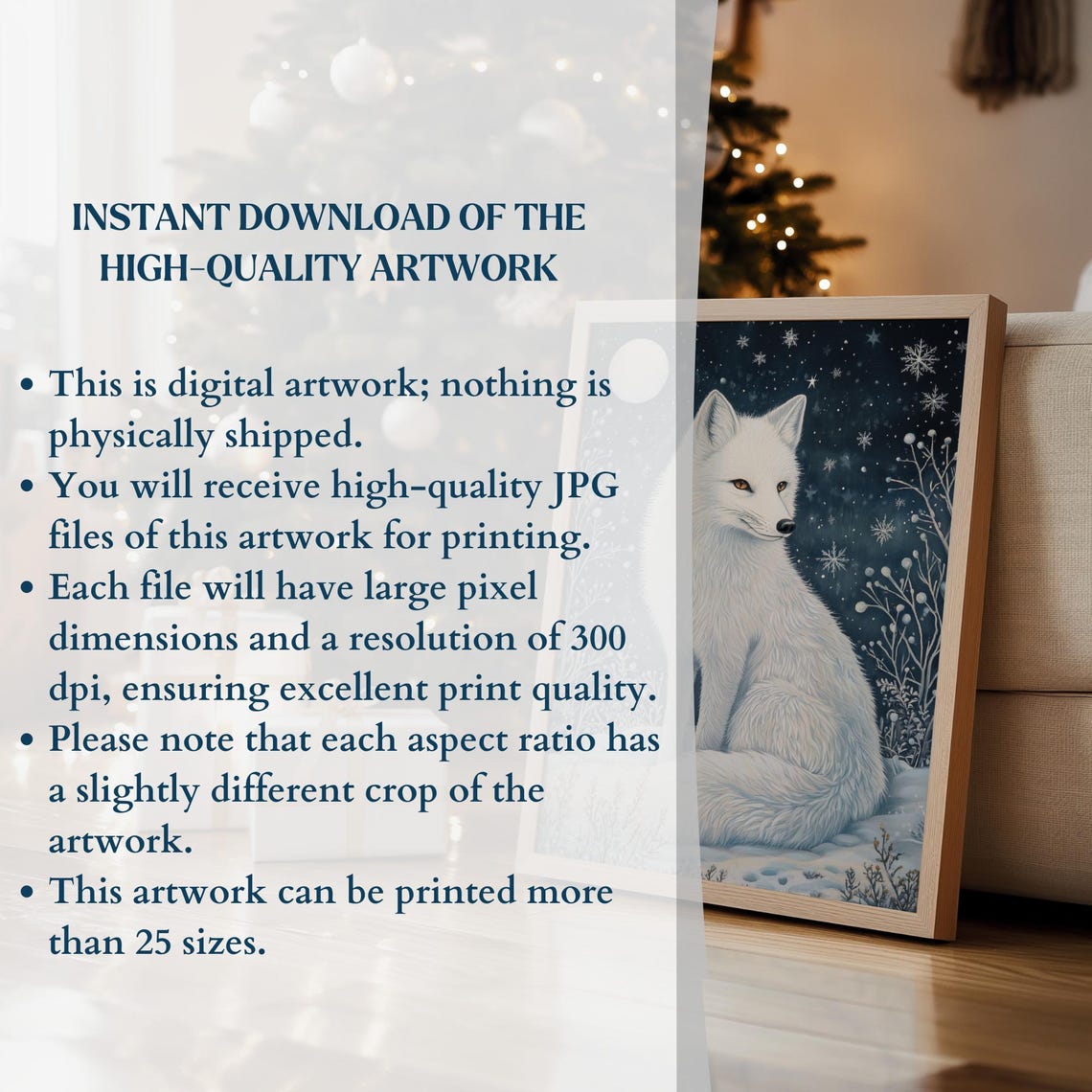 Arctic Fox Wall Art William Morris Style Winter Wonderland Art Cute Arctic Fox Christmas Decor - Image 3