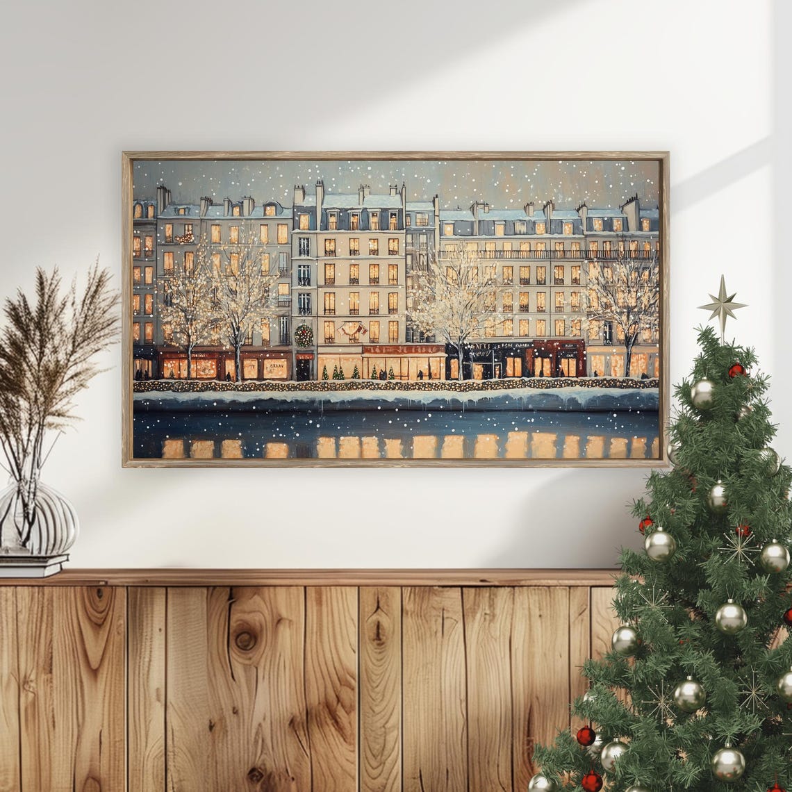 Snowy European City Evening River Reflection Lights Wall Art - Image 5