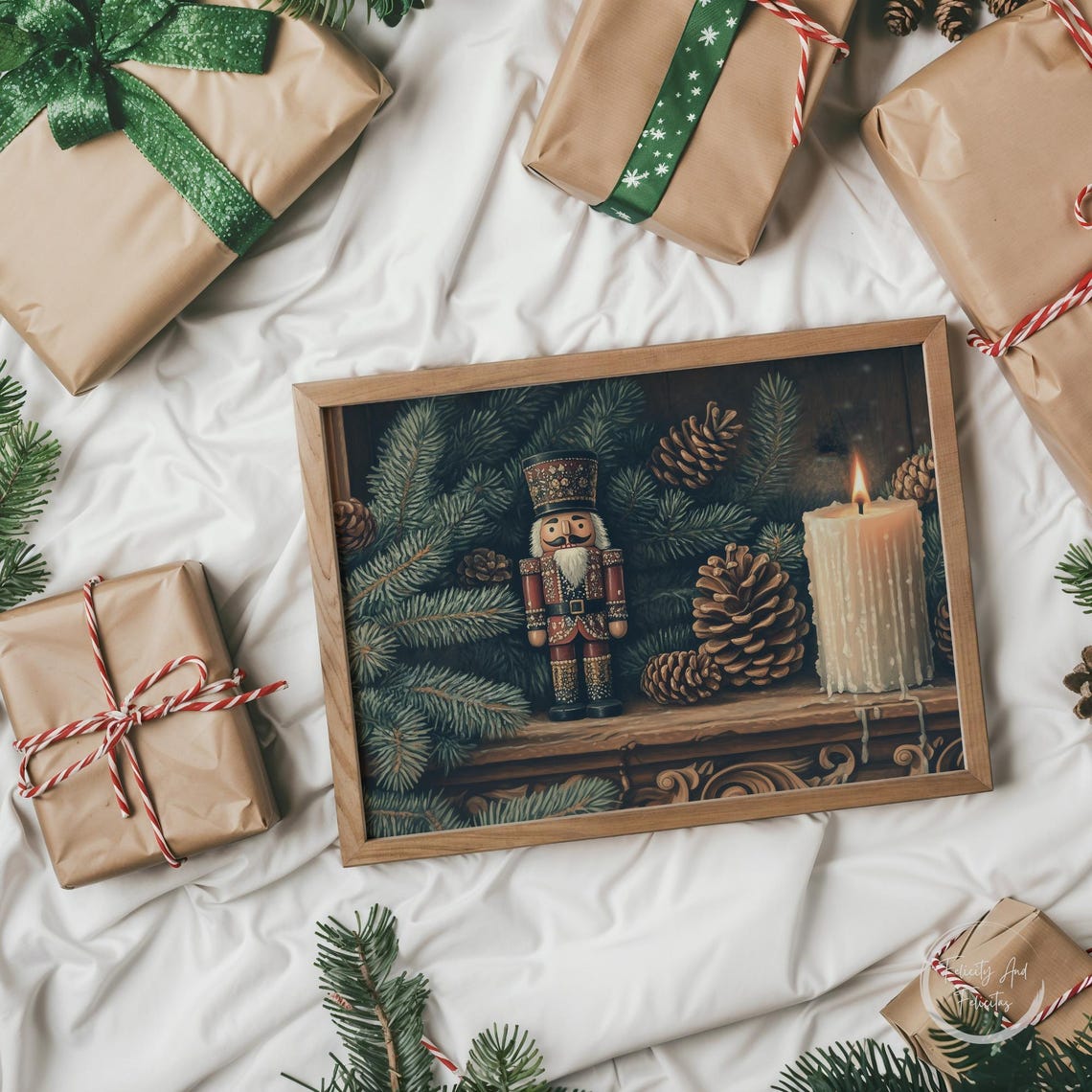 Christmas Nutcracker Soldier Pine Boughs Candle Vintage Wall Art - Image 5